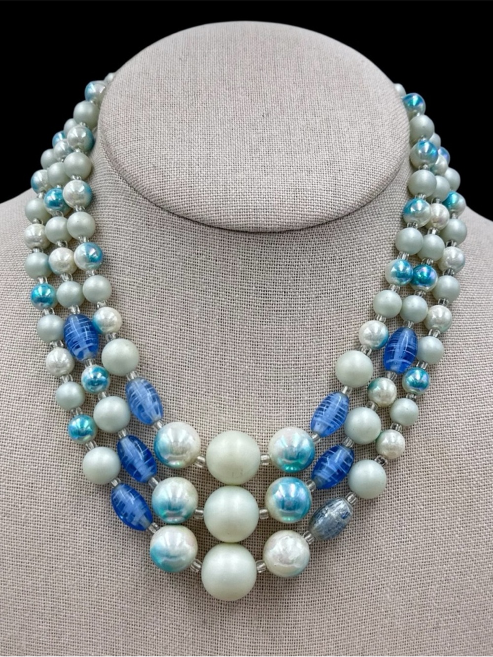Japan Signed 3 Row Layered Blue Pearl & Glass Beaded Necklace